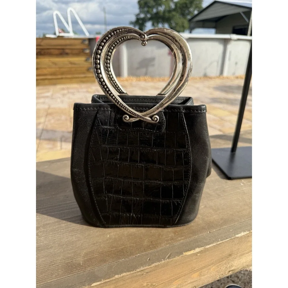 Brighton Corazon Black Croc Heart Handles Leather Bucket Handles Bag